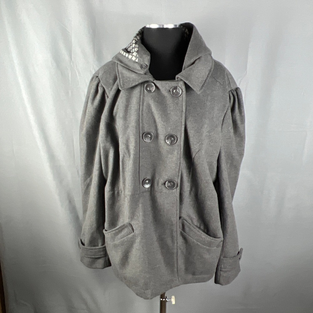 Yoki New York Pea Coat Girls 2XL Gray Wool Houndstooth Lined Hooded Button Front